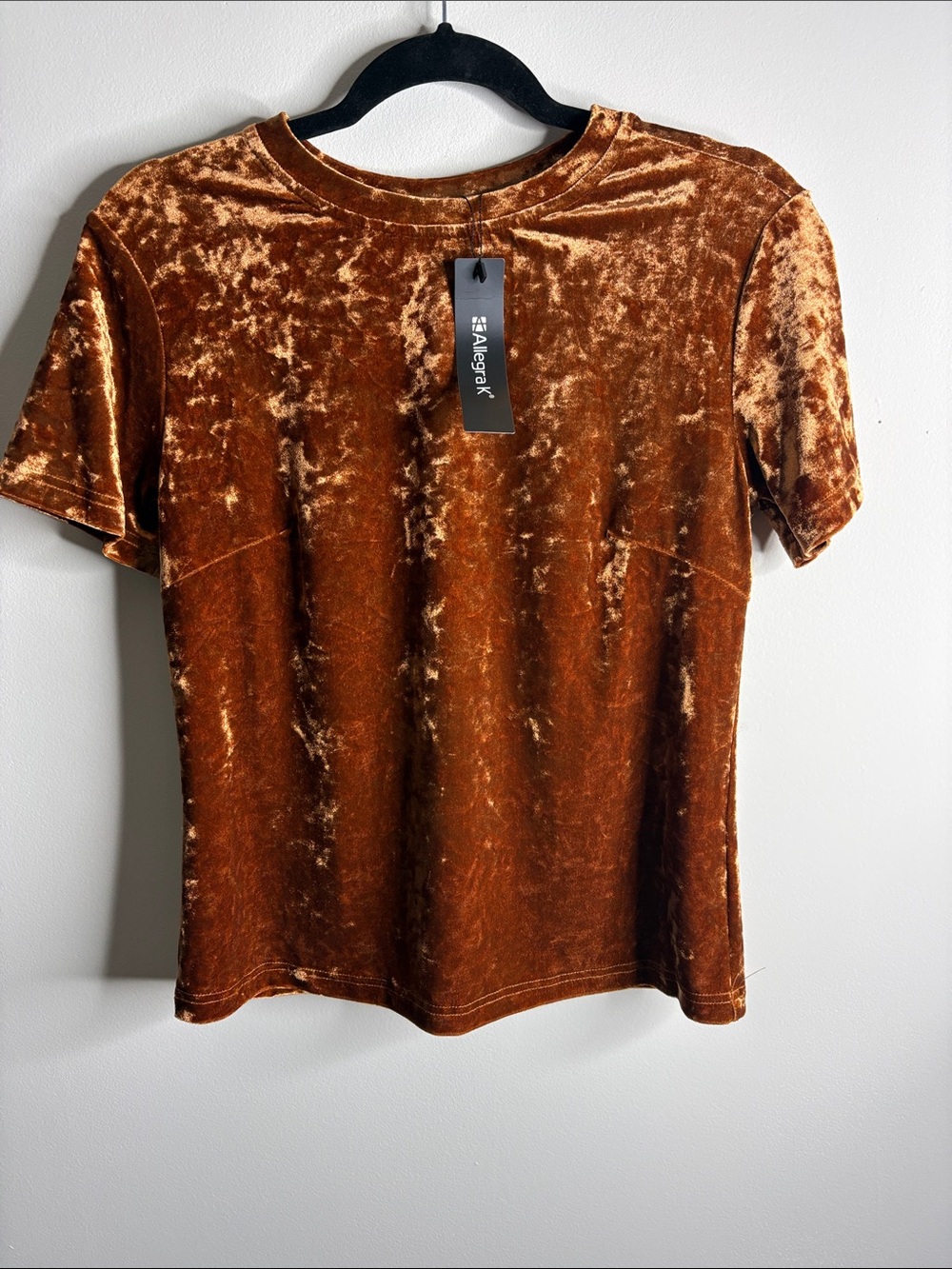Allegra K Crushed Velvet Short Sleeve Top - Copper